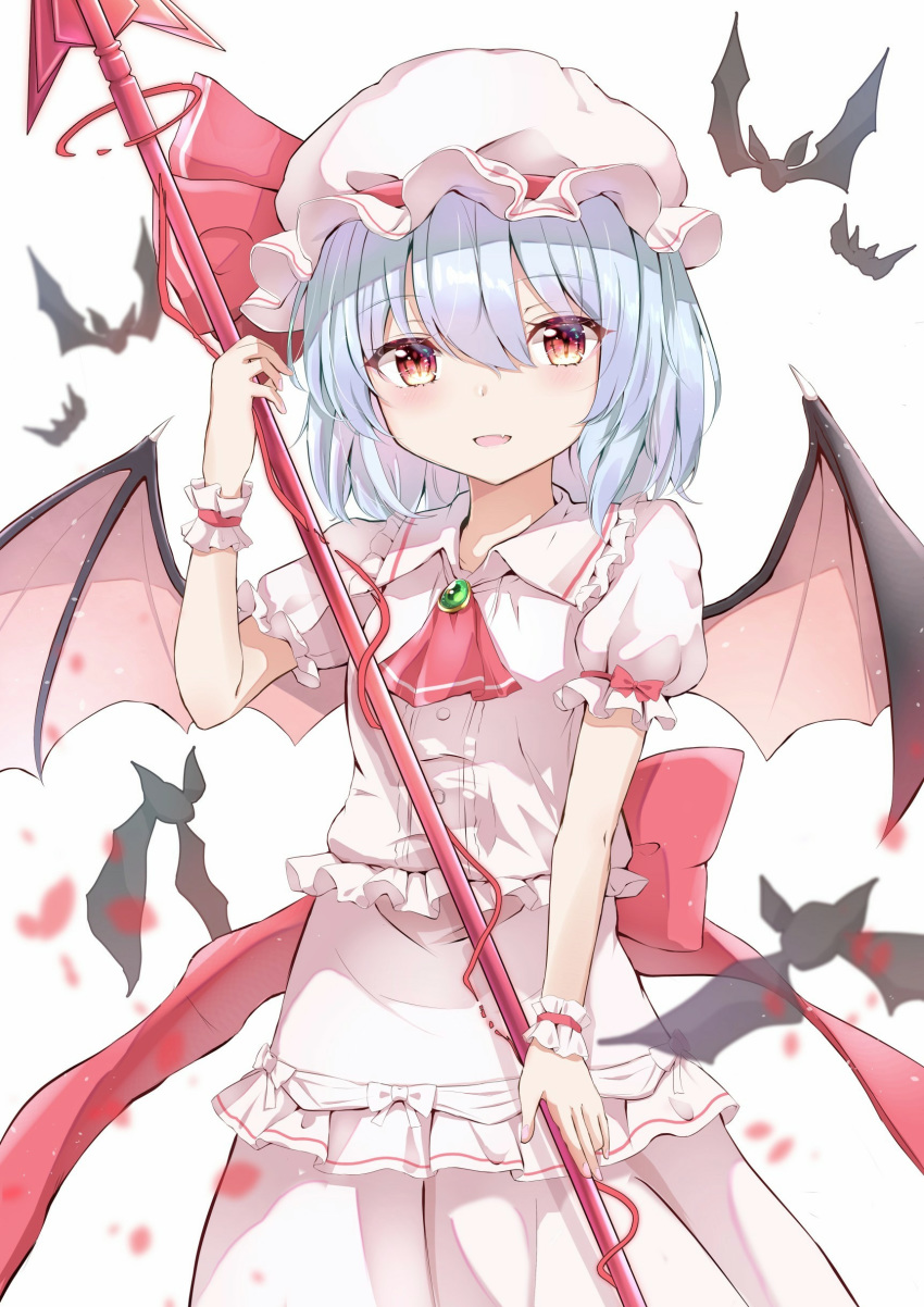 1girl absurdres arm_up bat bat_wings blue_hair blurry blurry_background blurry_foreground brooch commentary cowboy_shot cravat eyebrows_visible_through_hair fang hair_between_eyes hat hat_ribbon highres holding holding_spear holding_weapon iyo_(ya_na_kanji) jewelry layered_shirt light_blush looking_at_viewer mob_cap open_mouth petals pink_headwear pink_shirt pink_skirt polearm puffy_short_sleeves puffy_sleeves red_eyes red_neckwear remilia_scarlet ribbon shirt short_hair short_sleeves simple_background skin_fang skirt slit_pupils solo spear spear_the_gungnir standing touhou weapon white_background wings wrist_cuffs