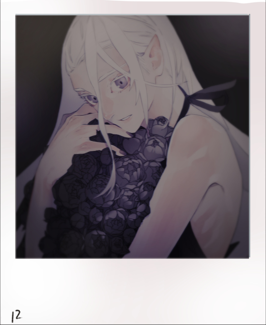 1girl bare_shoulders bouquet fingernails flower hair_between_eyes highres holding holding_bouquet long_hair original parted_lips photo_(object) pink_lips pointy_ears purple_flower purple_nails solo tobacco_(tabakokobata) upper_body vampire violet_eyes white_hair