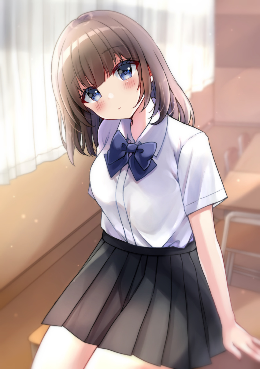 1girl arm_support bangs black_skirt blue_bow blue_eyes blurry blurry_background blush bow breasts brown_hair chair closed_mouth collared_shirt commentary_request curtains depth_of_field desk dress_shirt eyebrows_visible_through_hair head_tilt highres indoors long_hair minami_saki on_desk original pleated_skirt school_chair school_desk shirt short_sleeves sitting sitting_on_desk skirt small_breasts solo white_shirt