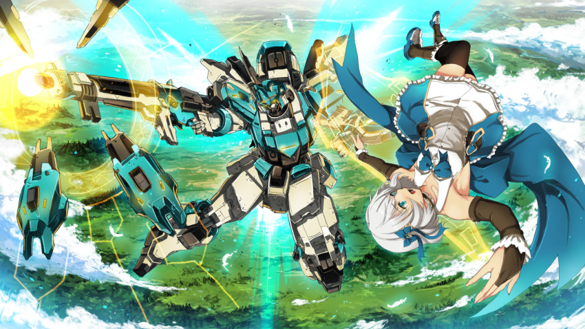 1girl black_choker blue_dress blue_eyes bow bowtie choker clenched_hand detached_sleeves dress energy_shield firing flat_chest floating frilled_choker frills garimpeiro glowing glowing_eyes gun hair_bow highres holding holding_gun holding_weapon looking_to_the_side mecha original robot symbol_commentary thigh-highs upside-down weapon white_hair yellow_eyes zettai_ryouiki