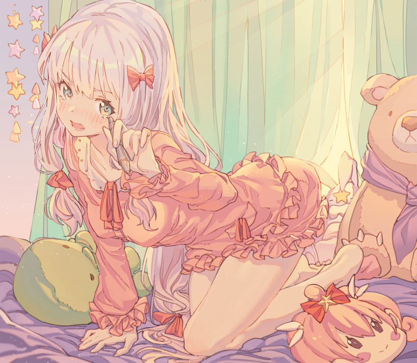 1girl arm_support barefoot bed blue_eyes blush bow breasts collarbone covered_nipples eromanga_sensei frilled_shorts frilled_sleeves frills hair_bow hair_ornament highres hong izumi_sagiri kneeling long_hair looking_at_viewer mask mask_removed on_bed open_mouth shorts sidelocks silver_hair small_breasts solo star_(symbol) stuffed_animal stuffed_bunny stuffed_octopus stuffed_toy stylus teardrop teddy_bear very_long_hair