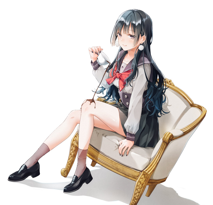 1girl aoi_yuki bangs bare_legs black_footwear black_hair black_nails black_sailor_collar black_skirt blush bow bowtie brown_legwear chair closed_mouth cup earrings eyebrows_visible_through_hair full_body grey_shirt high-waist_skirt highres holding holding_cup jewelry loafers long_hair long_sleeves looking_at_viewer nail_polish original pleated_skirt pom_pom_(clothes) pom_pom_earrings red_bow red_neckwear sailor_collar school_uniform serafuku shirt shoes sitting skirt socks solo spilling teacup white_legwear yellow_eyes