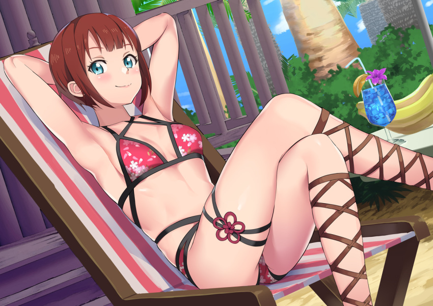 1girl aqua_eyes arms_behind_head bikini breasts brown_hair cherry_blossom_print cosplay cross-laced_sandals crossed_legs cup drink drinking_glass drinking_straw feet_out_of_frame floral_print kousaka_yukiho kurosawa_dia kurosawa_dia_(cosplay) looking_at_viewer love_live! love_live!_school_idol_project love_live!_sunshine!! multi-strapped_bikini on_chair red_bikini short_hair small_breasts smile solo swimsuit tomato_(madanai_the_cat)