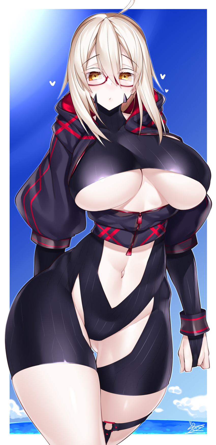 1girl ahoge artoria_pendragon_(all) artoria_pendragon_(lancer_alter) artoria_pendragon_(lancer_alter)_(cosplay) ass_visible_through_thighs bangs black_bodysuit black_jacket blonde_hair blue_sky blush bodysuit border breasts bridal_gauntlets center_opening cosplay cowboy_shot dark_persona eyelashes fate/grand_order fate_(series) glasses hair_between_eyes heart highres hood hooded_jacket jacket large_breasts long_hair long_sleeves looking_at_viewer mysterious_heroine_x_(alter) mysterious_heroine_xx_(foreigner) navel ocean open_mouth outside_border pale_skin ribbed_bodysuit shorts sidelocks signature sky thick_thighs thighs turtleneck under_boob underbust watosu white_border yellow_eyes