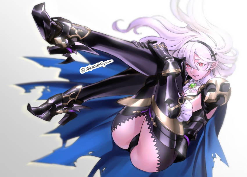 1girl armor black_hairband blue_cape cape closed_mouth corrin_(fire_emblem) corrin_(fire_emblem)_(female) fire_emblem fire_emblem_fates full_body hairband high_heels long_hair pointy_ears red_eyes simple_background smile solo tombsakura twitter_username white_background white_hair