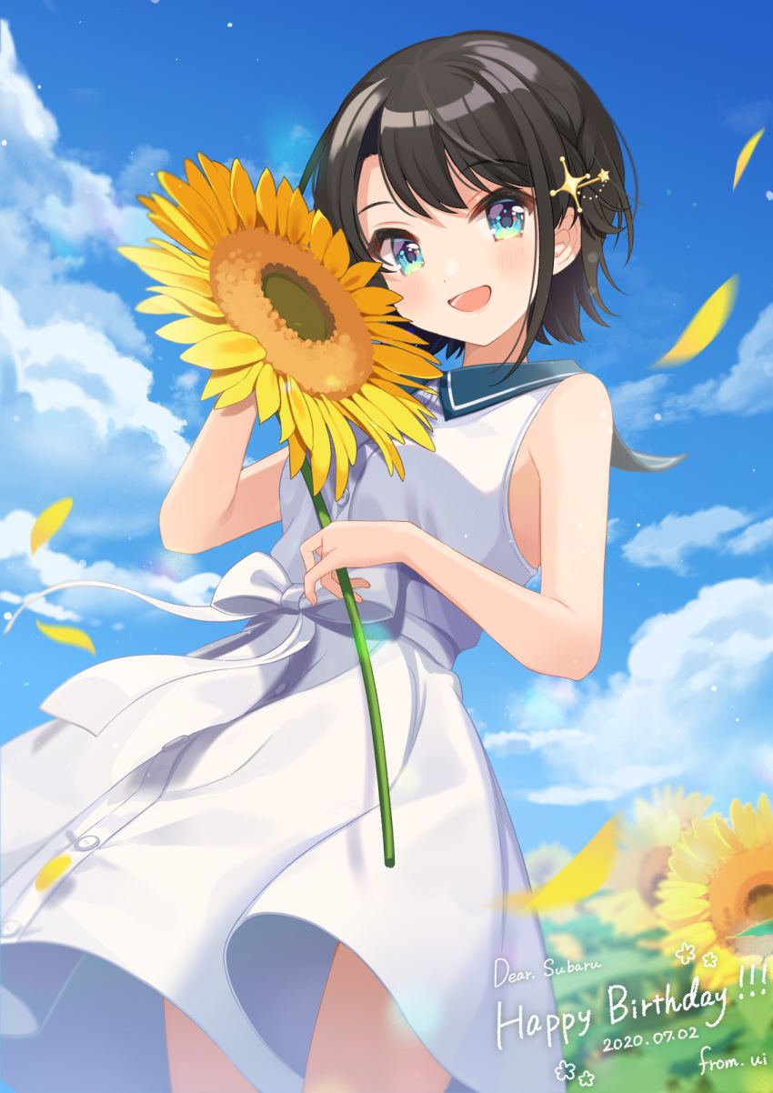 1girl :d aqua_eyes black_hair blue_sky blush clouds cloudy_sky cowboy_shot dated day dress flower hair_ornament happy_birthday highres hololive looking_at_viewer oozora_subaru open_mouth shigure_ui short_hair sky sleeveless sleeveless_dress smile solo sunflower symbol_commentary virtual_youtuber white_dress