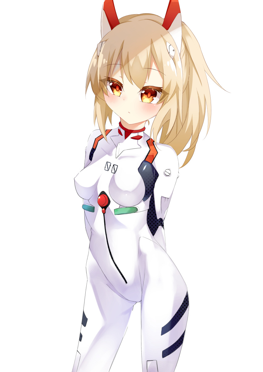 1girl absurdres arms_behind_back ayanami_(azur_lane) ayanami_rei ayanami_rei_(cosplay) azur_lane bangs blonde_hair bodysuit commentary_request cosplay cowboy_shot ebichiri_sunday hair_between_eyes headgear highres interface_headset long_hair namesake neon_genesis_evangelion orange_eyes plugsuit ponytail simple_background solo standing white_background white_bodysuit