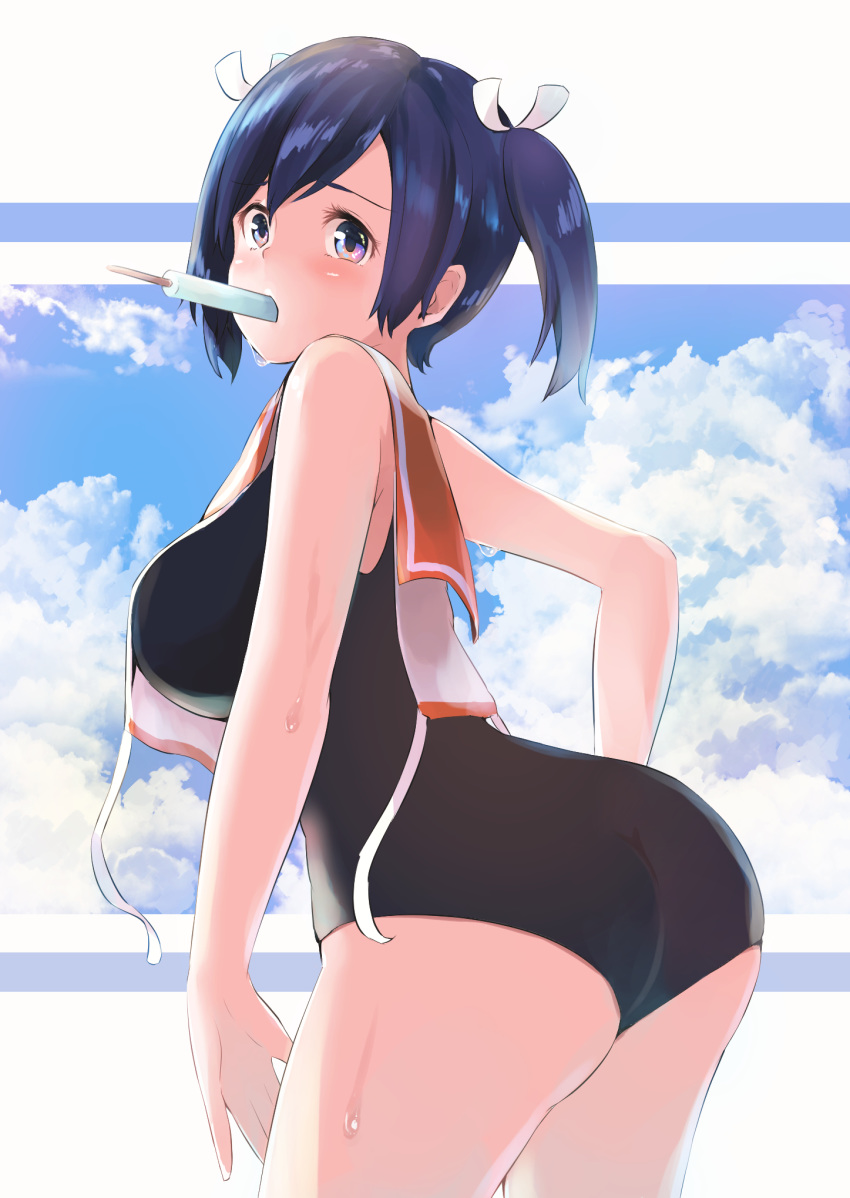 1girl ass blue_hair blue_sky breasts brown_eyes clouds commentary_request cosplay cowboy_shot food highres i-401_(kantai_collection) i-401_(kantai_collection)_(cosplay) kantai_collection large_breasts leaning_forward looking_at_viewer mouth_hold orange_sailor_collar popsicle sailor_collar school_swimsuit shirt side-tie_shirt sky sleeveless sleeveless_shirt solo souryuu_(kantai_collection) swimsuit taisho_(gumiyuki) twintails untied