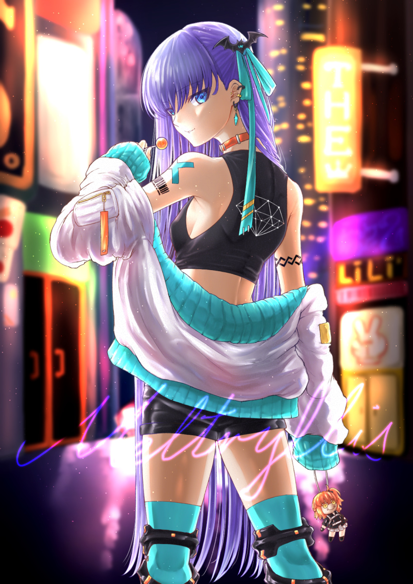 1girl back bangs bare_shoulders bat_hair_ornament bbyau_(yoyosobadgril) black_shirt black_shorts blue_eyes blue_legwear blue_ribbon breasts candy character_name cityscape collar crop_top doll earrings fate/extra fate/extra_ccc fate/grand_order fate_(series) food fujimaru_ritsuka_(female) hair_ornament hair_ribbon highres jacket jewelry lollipop long_hair long_sleeves looking_at_viewer looking_back meltryllis off_shoulder open_clothes open_jacket polar_chaldea_uniform purple_hair ribbon shirt shorts signature sleeves_past_fingers sleeves_past_wrists small_breasts smile very_long_hair white_jacket