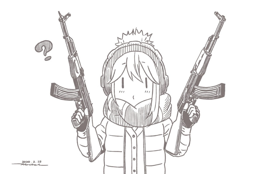 1girl ? ak-47 assault_rifle brown_theme character_request closed_mouth coat dual_wielding eyebrows_visible_through_hair gun holding holding_gun holding_weapon horikou long_sleeves looking_at_viewer monochrome o3o rifle scarf simple_background solo weapon white_background winter_clothes winter_coat yurucamp |_|