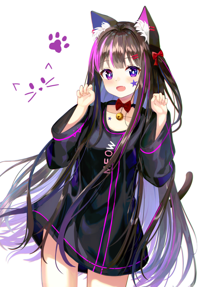 1girl :d animal_ear_fluff animal_ears bangs bell black_dress blush bow breasts brown_hair cat_ears cat_girl cat_tail commentary dress eyebrows_visible_through_hair facial_mark fang hair_bow hands_up heterochromia highres jingle_bell long_hair long_sleeves looking_at_viewer multicolored_hair one_side_up open_mouth original paw_pose pink_hair red_bow seero simple_background small_breasts smile solo star_(symbol) streaked_hair tail very_long_hair violet_eyes white_background wide_sleeves