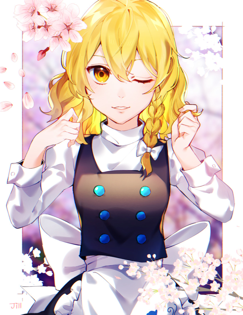 1girl ;d apron black_skirt black_vest blonde_hair blush bow braid commentary_request curly_hair double-breasted flower grin hair_between_eyes hair_bow hair_grab hands_up highres jill_07km kirisame_marisa long_hair long_sleeves looking_at_viewer no_hat no_headwear one_eye_closed open_mouth petals shirt signature single_braid skirt smile touhou vest waist_apron white_apron white_bow white_shirt yellow_eyes