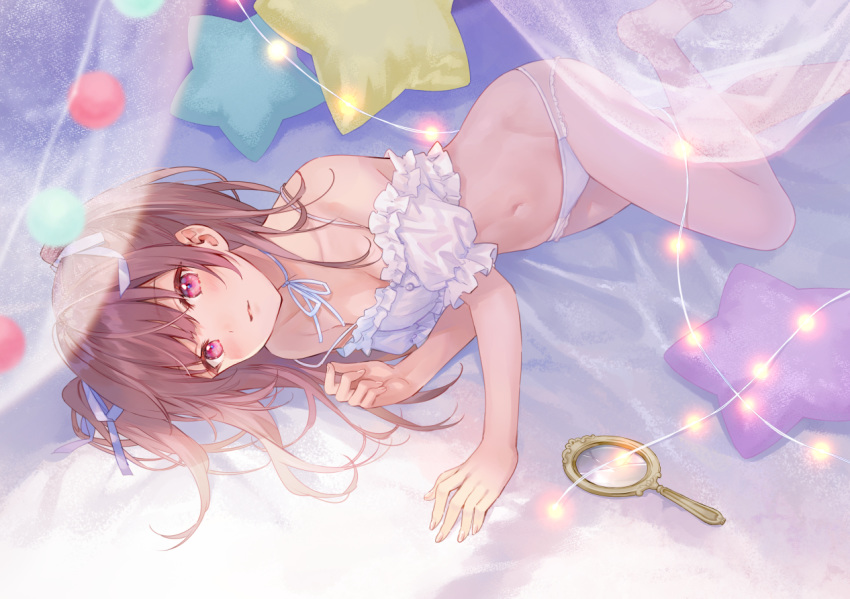1girl bangs bare_legs bare_shoulders barefoot bed_sheet blush bra broken_mirror brown_hair commentary curtains english_commentary eyebrows_visible_through_hair fukahire_(ruinon) hair_ribbon hand_mirror long_hair looking_at_viewer lying mirror on_side original panties parted_lips pillow puffy_short_sleeves puffy_sleeves red_eyes ribbon short_sleeves smile solo star_(symbol) star_pillow transparent two_side_up underwear underwear_only white_bra white_panties white_ribbon white_sleeves