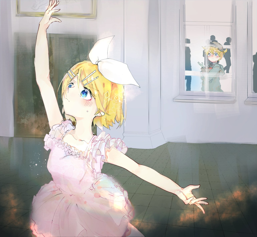 1boy 1girl bag ballerina ballet ballet_dress blonde_hair blue_eyes blush bow cabbie_hat collarbone dancing dress focused frilled_dress frills grey_headwear groceries grocery_bag hair_bow hair_ornament hairclip hand_up hat highres holding holding_bag kagamine_len kagamine_rin looking_in_window pink_dress practicing shopping_bag sketch sleeveless sleeveless_dress sweatdrop vocaloid white_bow window wooden_floor yonikki