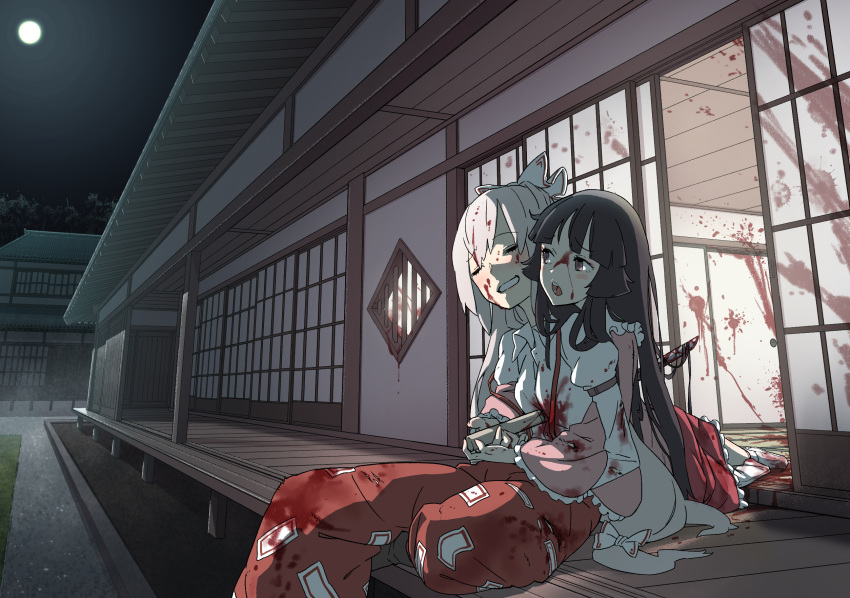 2girls bangs black_eyes black_hair blood blood_on_face blunt_bangs bow closed_eyes fujiwara_no_mokou full_moon hair_bow highres houraisan_kaguya house impaled juliet_sleeves kawayabug long_hair long_sleeves lying moon multiple_girls night night_sky open_mouth outdoors pants pink_shirt puffy_sleeves red_pants red_skirt shirt sitting skirt sky suspenders touhou very_long_hair white_bow white_hair white_shirt