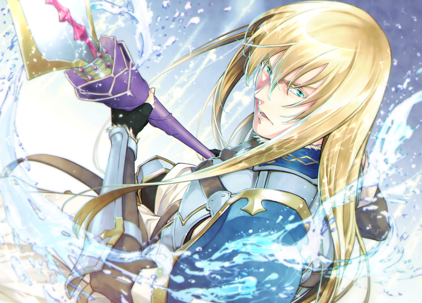 1boy bangs belt blonde_hair bracer breastplate dragon-inn dynamic_pose eyebrows_visible_through_hair fabulous fate/grand_order fate_(series) fighting_stance fingerless_gloves fionn_mac_cumhaill_(fate/grand_order) floating floating_object from_above gloves green_eyes hair_between_eyes lance light long_hair looking_at_viewer looking_up open_mouth pauldrons polearm shiny shiny_hair shoulder_armor solo upper_body water weapon