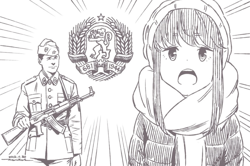 1boy 1girl assault_rifle beanie brown_theme closed_mouth coat dated emphasis_lines gun hat heraldry horikou looking_at_viewer military military_jacket military_uniform monochrome open_mouth real_life rifle scarf shima_rin signature smile soldier soviet_union uniform weapon yurucamp