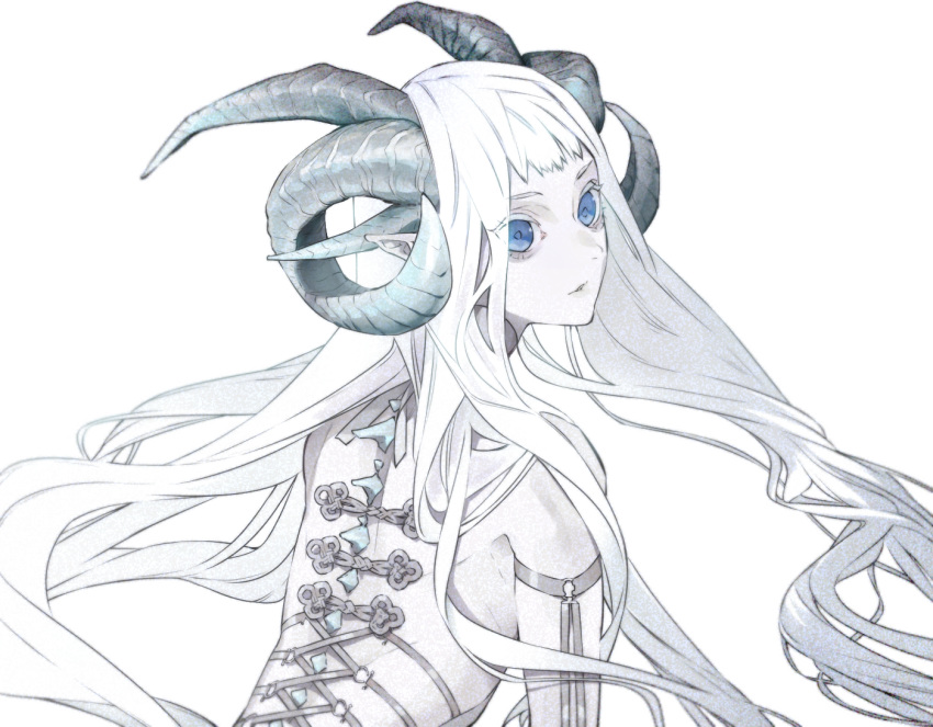 1girl bare_shoulders blue_eyes corset_piercing eyes_visible_through_hair horns multiple_horns original parted_lips piercing pointy_ears simple_background solo spine tobacco_(tabakokobata) white_background white_hair white_theme