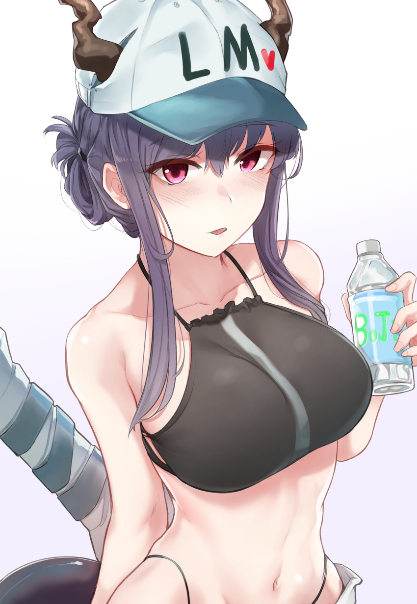 1girl absurdres arknights bare_shoulders baseball_cap bikini black_bikini black_hair bottle ch'en_(arknights) collarbone dragon_horns halter_top halterneck hat highleg highres holding horns horns_through_headwear kongthegrain long_hair looking_at_viewer navel parted_lips red_eyes sidelocks solo stomach string_bikini swimsuit tail tied_hair upper_body white_headwear