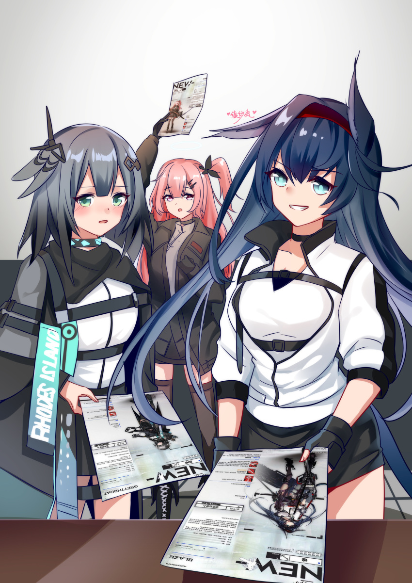 3girls absurdres ambriel_(arknights) animal_ears arknights arm_up bangs black_choker black_gloves black_jacket black_ribbon black_skirt blaze_(arknights) blue_eyes blue_hair blush cat_ears chinese_commentary choker commentary_request cowboy_shot gloves green_eyes grey_background grey_hair grey_legwear greythroat_(arknights) grin hair_between_eyes hair_ornament hair_ribbon hairband hairclip highres holding jacket lanelise long_hair looking_at_viewer miniskirt multiple_girls one_side_up parted_lips pencil_skirt red_hairband ribbon skirt smile standing thigh-highs very_long_hair white_jacket zettai_ryouiki