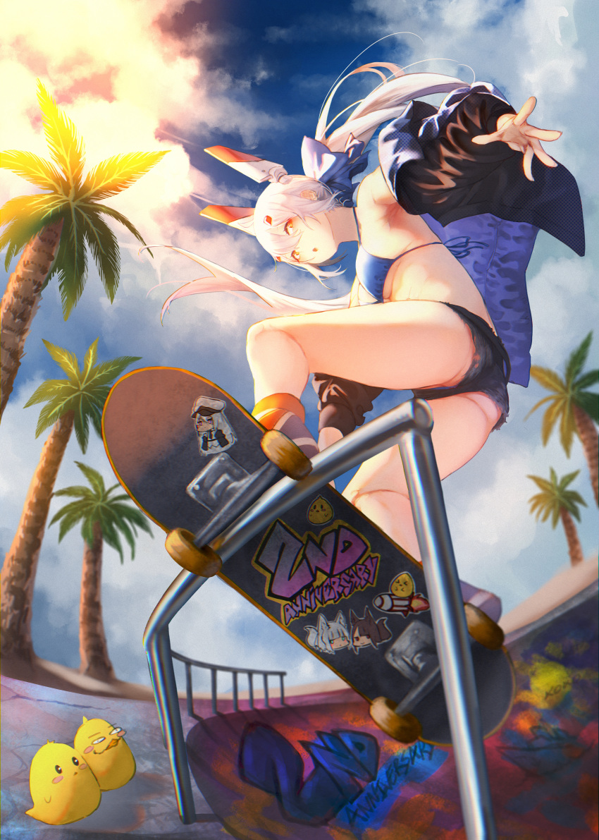 1girl :o absurdres alternate_costume anniversary ayanami_(azur_lane) azur_lane bangs bare_shoulders bikini bikini_top black_jacket blue_bikini blue_ribbon blue_sky breasts cameo clouds cloudy_sky commentary cutoffs denim denim_shorts empty_pool from_below full_body gradient_sky graffiti hair_between_eyes hair_ornament hair_ribbon headgear highres huge_filesize jacket koharu_(koeharu1) light_rays long_hair long_sleeves looking_at_viewer manjuu_(azur_lane) micro_shorts midriff off-shoulder_jacket open_clothes open_jacket orange_eyes outdoors palm_tree platinum_blonde_hair ponytail railing ribbon shorts sidelocks skateboard skateboarding sky solo_focus sunbeam sunlight swimsuit tree twilight