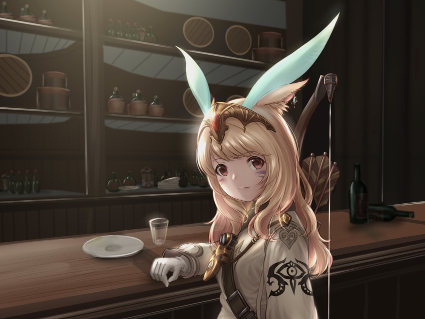 1girl alcohol animal_ears arrow_(projectile) barrel belt blonde_hair bottle brown_eyes circlet counter cup facial_mark final_fantasy final_fantasy_xiv glint gloves highres indoors jidai_no_konoe long_hair looking_at_viewer miqo'te plate quiver solo upper_body white_gloves