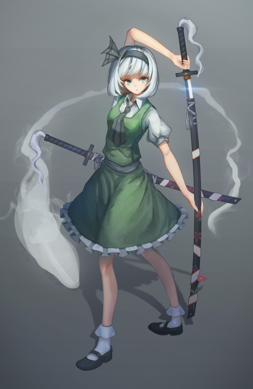 absurdres ascot bangs black_ascot black_bow black_footwear black_hairband black_ribbon blunt_bangs bow collared_shirt ekamachiko frilled_skirt frills full_body green_eyes green_skirt green_vest grey_background hair_ribbon hairband highres hitodama holding holding_weapon katana konpaku_youmu mary_janes puffy_short_sleeves puffy_sleeves ribbon shirt shoes short_hair short_sleeves silver_hair skirt skirt_set sword touhou vest weapon white_hair white_legwear white_shirt