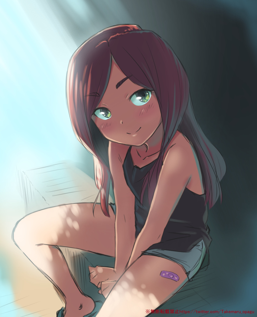 1girl absurdres bandaid between_legs black_tank_top brown_hair dark_skin denim denim_shorts from_above green_eyes hand_between_legs highres legs long_hair looking_at_viewer looking_up original outdoors sandals shiba_hajime short_shorts shorts sitting smile solo spread_legs summer tank_top thighs v_arms