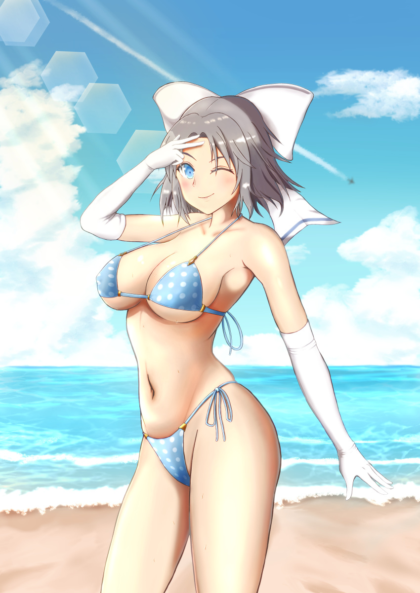 absurdres beach bikini blue_eyes breasts clouds full_body gloves grey_hair hair_ribbon highres large_breasts looking_at_viewer one_eye_closed polka_dot polka_dot_bikini ribbon senran_kagura short_hair smile sunlight swimsuit yumi_(senran_kagura)