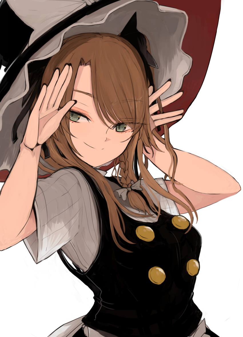 1girl arms_up black_headwear black_vest blonde_hair bow braid buttons closed_mouth eyebrows_visible_through_hair frilled_hat frills green_eyes hair_between_eyes hands_up hat hat_bow highres kirisame_marisa long_hair ne_kuro shirt short_sleeves simple_background single_braid smile solo touhou upper_body vest white_background white_bow white_frills white_shirt white_sleeves witch_hat