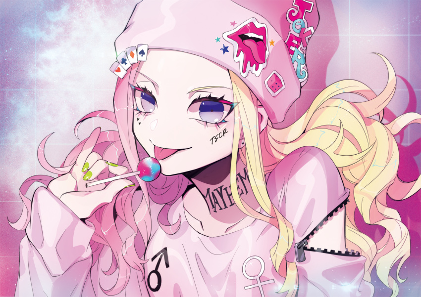 1girl beanie blonde_hair blue_eyes candy card dice english_text facial_tattoo food green_nails hat heart heart_tattoo licking lollipop looking_at_viewer mars_symbol nail_polish neck_tattoo original pink_hair playing_card puppeteer7777 solo tattoo tongue tongue_out v-shaped_eyebrows venus_symbol zipper