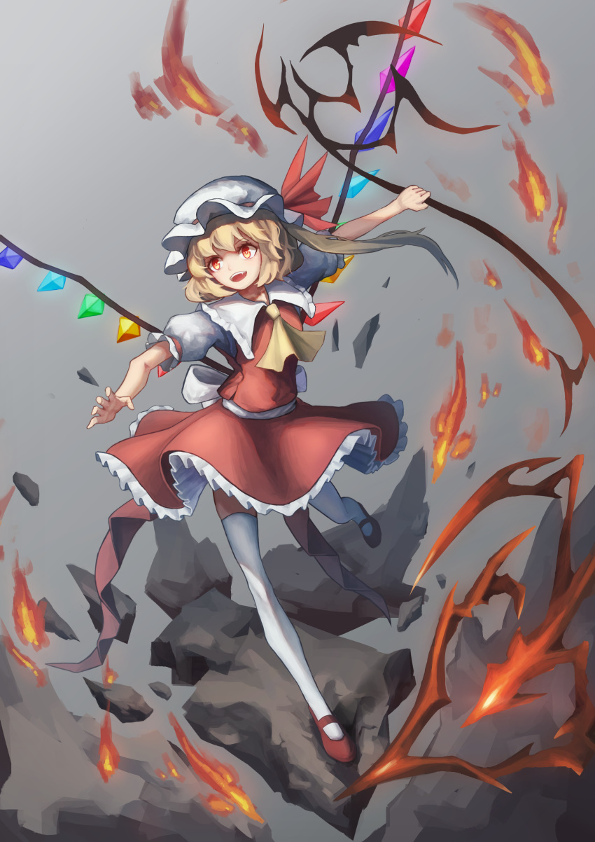 absurdres ascot bat_wings blonde_hair bow crystal ekamachiko fangs fire flandre_scarlet floating floating_object frilled_shirt_collar frilled_skirt frills full_body grey_background hat hat_ribbon highres laevatein mary_janes medium_hair mob_cap puffy_short_sleeves puffy_sleeves red_bow red_eyes red_footwear red_ribbon red_skirt red_vest ribbon rock shirt shoes short_sleeves side_ponytail skirt skirt_set touhou vest white_legwear white_shirt wings yellow_neckwear