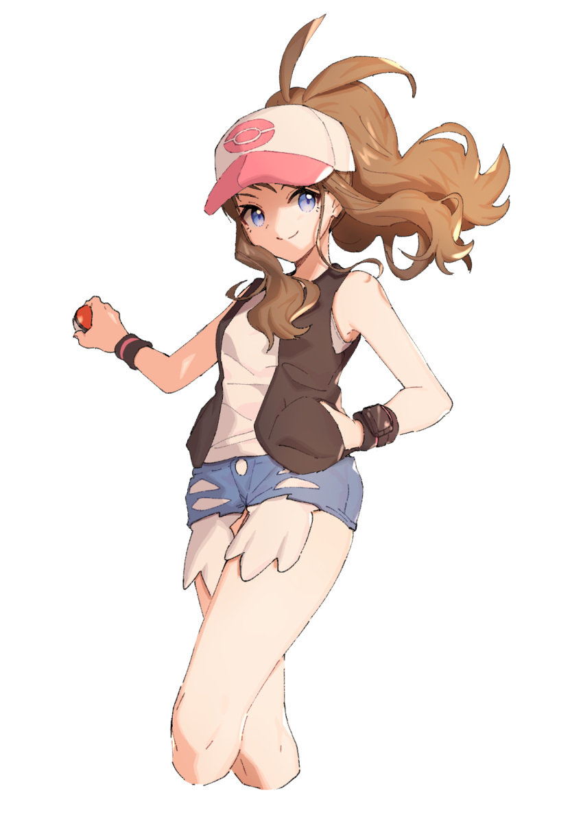 1girl ankea_(a-ramo-do) baseball_cap blue_eyes blue_shorts brown_hair closed_mouth cropped_legs denim denim_shorts hand_in_pocket hat high_ponytail highres holding holding_poke_ball long_hair looking_at_viewer poke_ball poke_ball_print pokemon pokemon_(game) pokemon_bw print_headwear shiny shiny_hair shirt short_shorts shorts simple_background sleeveless sleeveless_shirt smile solo torn_clothes torn_shorts touko_(pokemon) white_background white_headwear white_shirt wristband