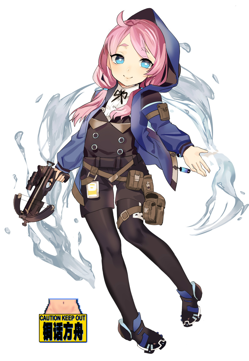 1girl absurdres ankle_boots arknights bangs belt black_footwear black_legwear black_shorts blue_eyes blue_jacket blue_poison_(arknights) boots bow_(weapon) breasts buttons clothes_writing collared_shirt crossbow crossbow_bolts dart eyebrows_visible_through_hair flat_chest full_body highres holding holding_bow_(weapon) holding_weapon hood hood_up hooded_jacket jacket logo long_sleeves looking_at_viewer medium_hair moyamoya_(moya11158375) open_clothes open_jacket pantyhose pink_hair pouch shirt short_twintails shorts sidelocks small_breasts smile solo standing thigh_strap twintails weapon white_shirt younger