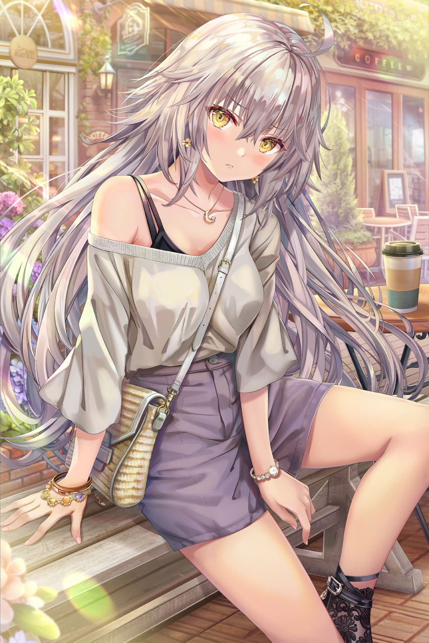 1girl ahoge bag bangs black_footwear blush bracelet breasts closed_mouth coffee_cup contemporary cup disposable_cup earrings fate/grand_order fate_(series) grey_skirt highres jeanne_d'arc_(alter)_(fate) jeanne_d'arc_(fate)_(all) jewelry large_breasts long_hair looking_at_viewer necklace off-shoulder_shirt off_shoulder pendant shirt shoulder_bag silver_hair sitting skirt table thighs torino_akua very_long_hair white_shirt yellow_eyes
