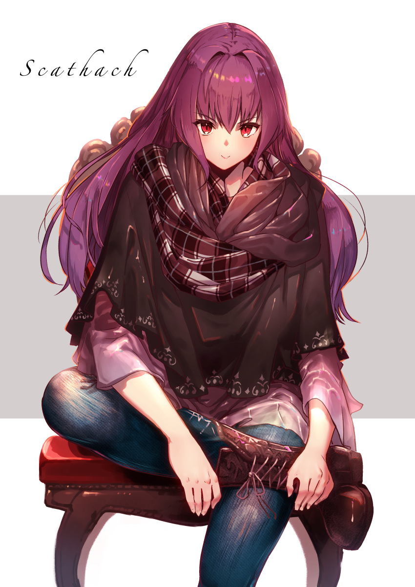 1girl absurdres bangs blue_pants blush boots border breasts brown_footwear chair character_name closed_mouth contemporary crossed_legs denim fate/grand_order fate_(series) grey_background hair_between_eyes highres jeans large_breasts long_hair long_sleeves looking_at_viewer nakanishi_tatsuya pants purple_hair purple_scarf purple_shirt red_eyes revision scarf scathach_(fate)_(all) scathach_(fate/grand_order) shirt sitting smile two-tone_background white_background