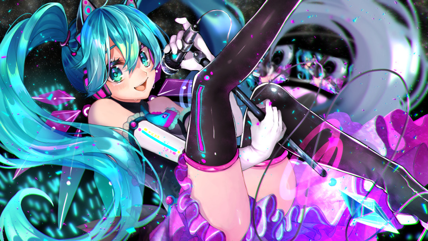 1girl blue_eyes blue_hair cat_ear_headphones elbow_gloves fetal_position floating_hair gloves hair_between_eyes hatsune_miku headphones highres holding holding_microphone huu-cross looking_at_viewer microphone open_mouth screen thigh-highs thighs vocaloid white_gloves