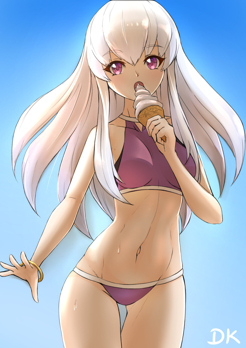 1girl blue_background bracelet breasts deekei eating fire_emblem fire_emblem:_three_houses food gradient gradient_background highres ice_cream jewelry long_hair lysithea_von_ordelia open_mouth pink_eyes simple_background small_breasts solo swimsuit white_hair