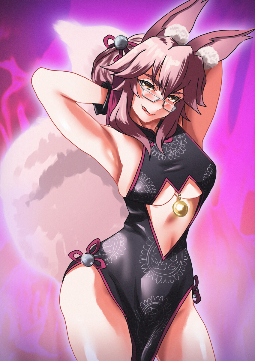 1girl absurdres animal_ear_fluff animal_ears armpits arms_behind_head arms_up bangs bare_shoulders bell black_gloves blush breasts center_opening china_dress chinese_clothes double_bun dress fate/grand_order fate_(series) fox_ears fox_girl fox_tail glasses gloves hair_between_eyes highres jingle_bell koyanskaya large_breasts licking_lips long_hair looking_at_viewer pelvic_curtain pink_background pink_hair shibao_aoyama side_slit sidelocks sleeveless sleeveless_dress smile tail tassel thighs tongue tongue_out white-framed_eyewear yellow_eyes