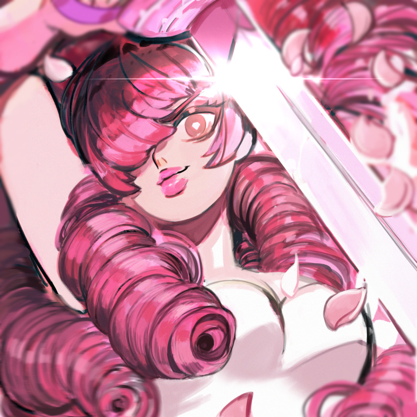 1girl dress hair_over_one_eye highres lips lipstick long_hair looking_at_viewer makeup petals pink_hair plump rose_petals rose_quartz_universe sleeveless sleeveless_dress smile solo steven_universe sword symbol-shaped_pupils tsumugi_(mktmppp) weapon white_dress