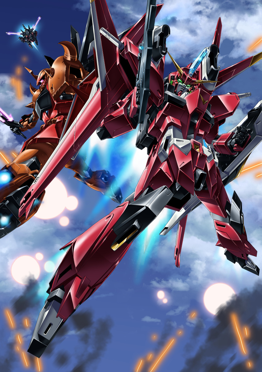 absurdres clenched_hands flying gaia_gundam glowing glowing_eyes gouf_ignited green_eyes gundam gundam_seed gundam_seed_destiny highres holding holding_shield holding_sword holding_weapon looking_at_viewer looking_down mecha mechanical_wings no_humans one-eyed paintedmike saviour_gundam shield sword violet_eyes weapon wings