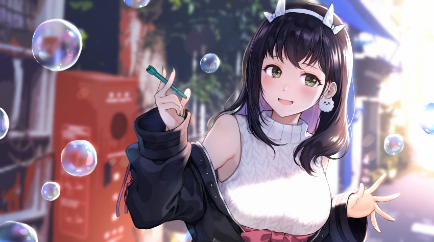 1girl :d absurdres air_bubble bangs bare_shoulders black_hair blush bubble bubble_blowing commentary_request earrings green_eyes hairband highres huge_filesize jewelry long_hair looking_to_the_side nishizawa off_shoulder open_mouth original outdoors shirt sleeveless sleeveless_shirt smile turtleneck