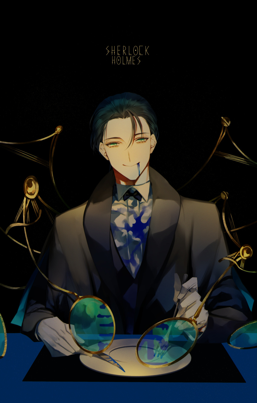 1boy absurdres albino_(a1b1n0623) bangs black_background black_hair blood blood_on_face bloody_clothes bloody_knife blue_blood character_name english_text fate/grand_order fate_(series) fork formal gloves green_eyes hair_slicked_back highres holding knife long_sleeves looking_at_viewer magnifying_glass male_focus parted_bangs plate sherlock_holmes_(fate/grand_order) shiny shiny_hair smile solo upper_body
