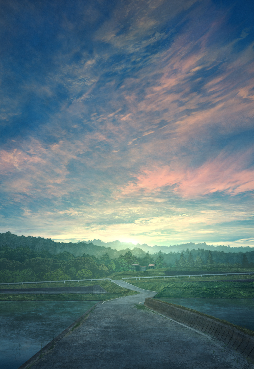 blue_sky guard_rail highres horizon mks no_humans original outdoors riverbank road scenery sky sunrise