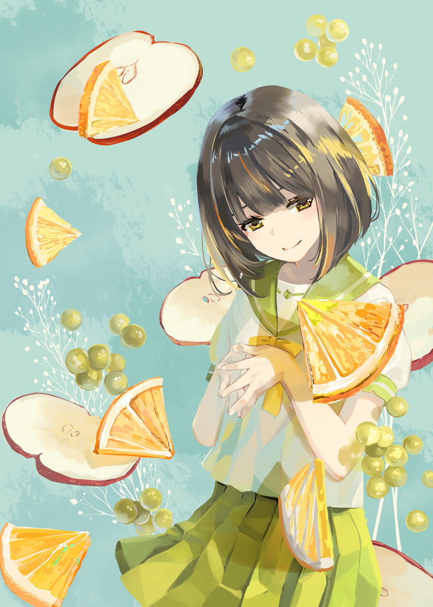 1girl apple apple_slice bangs blue_background bob_cut bow brown_eyes brown_hair closed_mouth commentary_request fingernails fingers_together food fruit grapes green_sailor_collar green_skirt hands_up head_tilt highres looking_at_viewer naruse_chisato orange orange_slice original photoshop_(medium) pleated_skirt puffy_short_sleeves puffy_sleeves red_apple revision sailor_collar school_uniform serafuku shirt short_hair short_sleeves skirt smile solo white_shirt yellow_bow