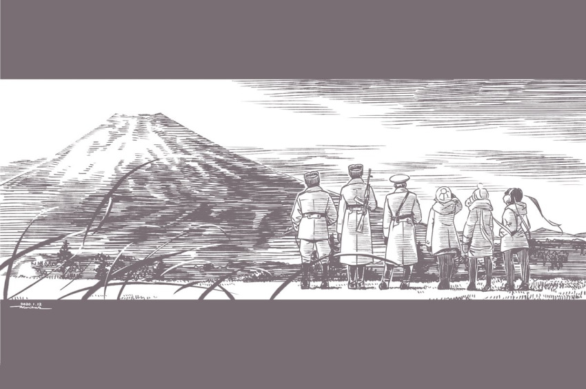 3boys 3girls beanie brown_theme dated floating_hair from_behind gun hat horikou inuyama_aoi kagamihara_nadeshiko letterboxed long_hair military military_jacket military_uniform monochrome mount_fuji multiple_boys multiple_girls oogaki_chiaki outdoors real_life rifle signature soldier soviet soviet_union standing twintails uniform very_long_hair weapon yurucamp
