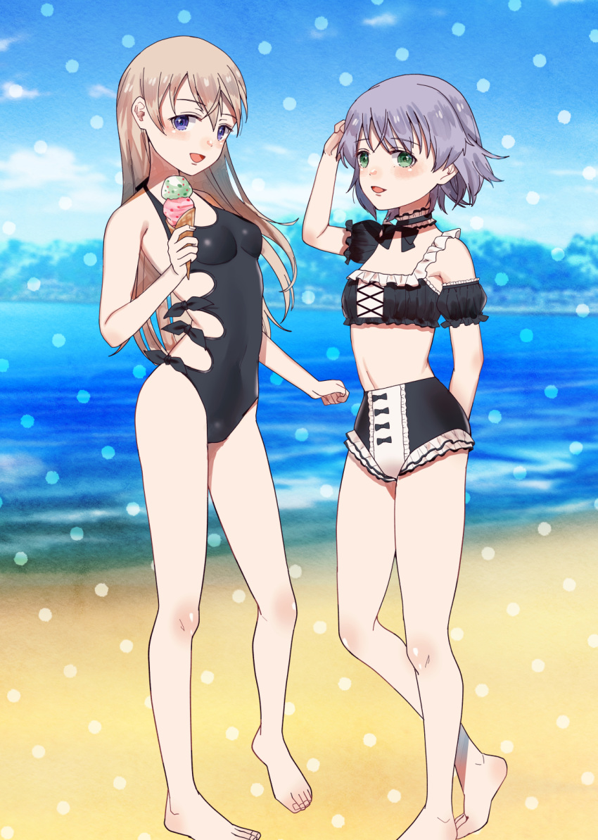 2girls alternate_costume beach bikini blue_eyes blush breasts covered_navel eila_ilmatar_juutilainen enmaided eyebrows_visible_through_hair food full_body green_eyes grey_hair highres ice_cream long_hair looking_at_viewer maid maid_bikini multiple_girls ocean open_mouth outdoors sanya_v_litvyak sayama_(chiwan0830) shiny shiny_hair short_hair small_breasts smile standing strike_witches swimsuit white_hair world_witches_series