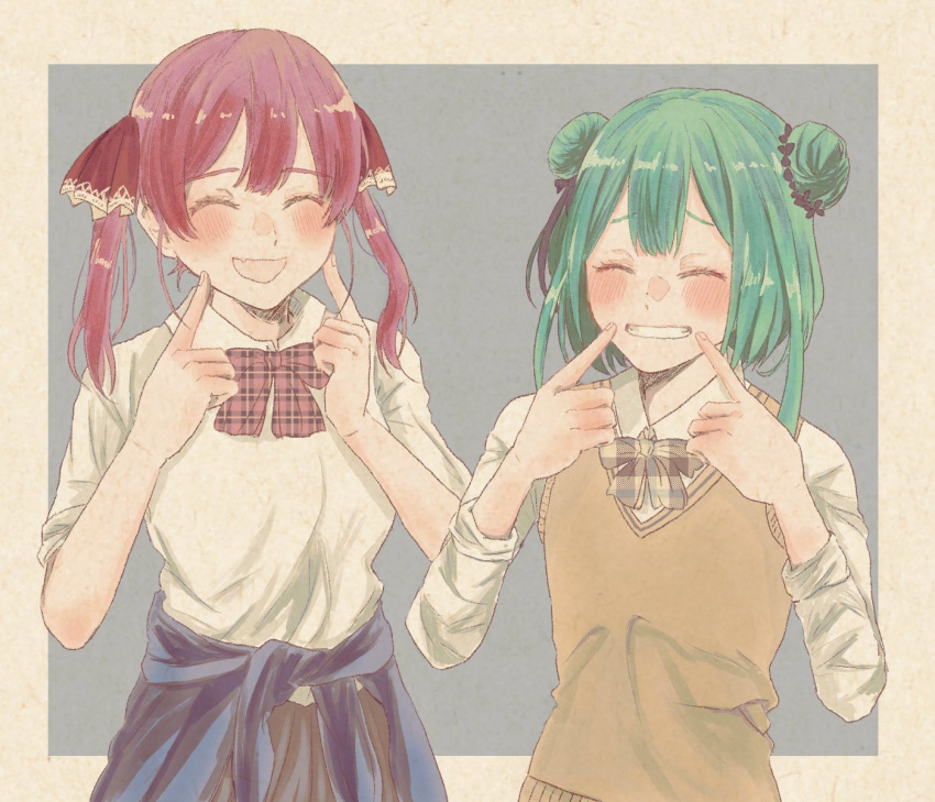 2girls ^_^ alternate_costume blush bow bowtie checkered checkered_neckwear closed_eyes clothes_around_waist commentary_request double_bun fingersmile green_hair grin hair_ornament hair_ribbon hands_up highres hololive houshou_marine long_sleeves multiple_girls neck_ribbon no_eyepatch open_mouth redhead ribbon school_uniform sgws0 shirt short_hair short_sleeves sleeves_rolled_up smile sweater_around_waist sweater_vest twintails two-tone_background upper_body uruha_rushia virtual_youtuber white_shirt