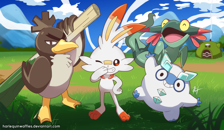 ;) absurdres bird blue_sky closed_eyes clouds cloudy_sky commentary creature deviantart_username dreepy duck english_commentary floating full_body galarian_darumaka galarian_farfetch'd galarian_form gen_8_pokemon grass grin hand_on_hip harlequinwaffles highres holding_spring_onion looking_at_viewer mountain nature no_humans one_eye_closed outdoors pokemon pokemon_(creature) rabbit scorbunny signature sky smile smirk smoke smug spring_onion standing standing_on_one_leg tent watermark web_address |d