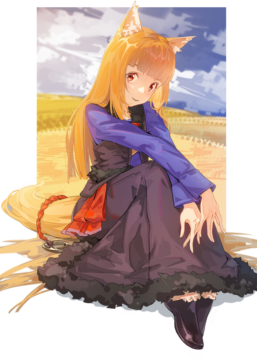 1girl absurdres animal_ear_fluff animal_ears brown_hair full_body highres holo long_hair looking_at_viewer red_eyes solo spice_and_wolf wolf_ears zuihou_de_miao_pa_si